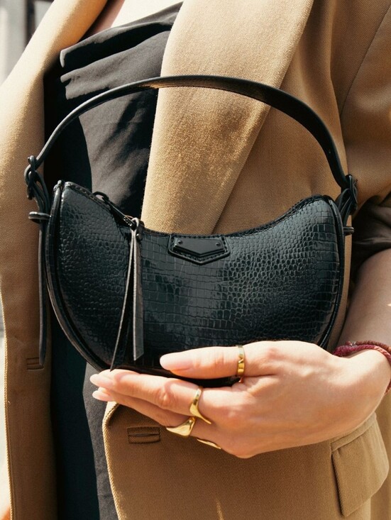 Aldo Handbags - ALDO Black Patent Croc Embossed Crescent Mini Bag Top Handle Baguette Purse